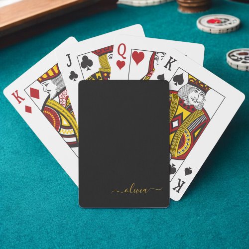 Black Gold Modern Script Girly Monogram Name Poker Cards