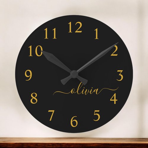 Black Gold Modern Script Girly Monogram Name Round Clock