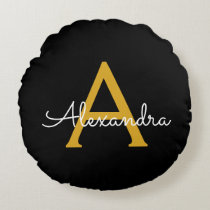 Black Gold Modern Script Girly Monogram Name Round Pillow
