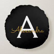 Black Gold Modern Script Girly Monogram Name Round Pillow