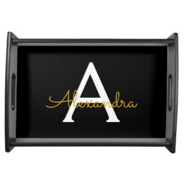 Black Gold Modern Script Girly Monogram Name Serving Tray