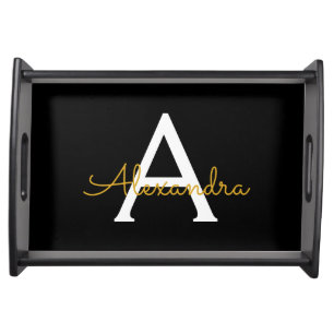 Black Gold Modern Script Girly Monogram Name Serving Tray
