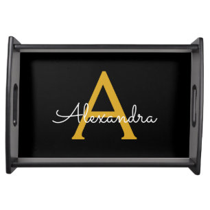 Black Gold Modern Script Girly Monogram Name Serving Tray