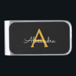 Black Gold Modern Script Girly Monogram Name Silver Finish Money Clip<br><div class="desc">Gold and Black Simple Script Monogram Name Money Clip. This makes the perfect graduation,  sweet 16 birthday,  wedding,  bridal shower,  anniversary,  baby shower or bachelorette party gift for someone that loves glam luxury and chic styles.</div>