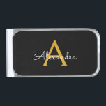 Black Gold Modern Script Girly Monogram Name Silver Finish Money Clip<br><div class="desc">Gold and Black Simple Script Monogram Name Money Clip. This makes the perfect graduation,  sweet 16 birthday,  wedding,  bridal shower,  anniversary,  baby shower or bachelorette party gift for someone that loves glam luxury and chic styles.</div>