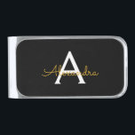 Black Gold Modern Script Girly Monogram Name Silver Finish Money Clip<br><div class="desc">Gold and Black Simple Script Monogram Name Money Clip. This makes the perfect graduation,  sweet 16 birthday,  wedding,  bridal shower,  anniversary,  baby shower or bachelorette party gift for someone that loves glam luxury and chic styles.</div>