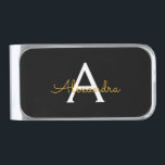 Black Gold Modern Script Girly Monogram Name Silver Finish Money Clip<br><div class="desc">Gold and Black Simple Script Monogram Name Money Clip. This makes the perfect graduation,  sweet 16 birthday,  wedding,  bridal shower,  anniversary,  baby shower or bachelorette party gift for someone that loves glam luxury and chic styles.</div>