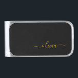 Black Gold Modern Script Girly Monogram Name Silver Finish Money Clip<br><div class="desc">Gold and Black Simple Script Monogram Name Money Clip. This makes the perfect graduation,  sweet 16 birthday,  wedding,  bridal shower,  anniversary,  baby shower or bachelorette party gift for someone that loves glam luxury and chic styles.</div>