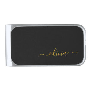 Black Gold Modern Script Girly Monogram Name Silver Finish Money Clip