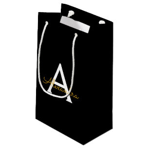 Black Gold Modern Script Girly Monogram Name Small Gift Bag