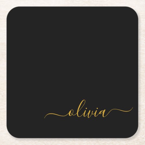 Black Gold Modern Script Girly Monogram Name Square Paper Coaster