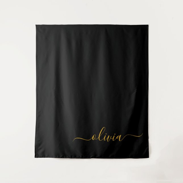 Black Gold Modern Script Girly Monogram Name Tapestry (Front)
