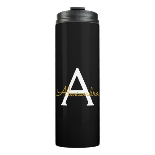 Black Gold Modern Script Girly Monogram Name Thermal Tumbler