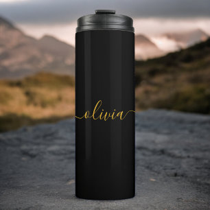 Black Gold Modern Script Girly Monogram Name Thermal Tumbler