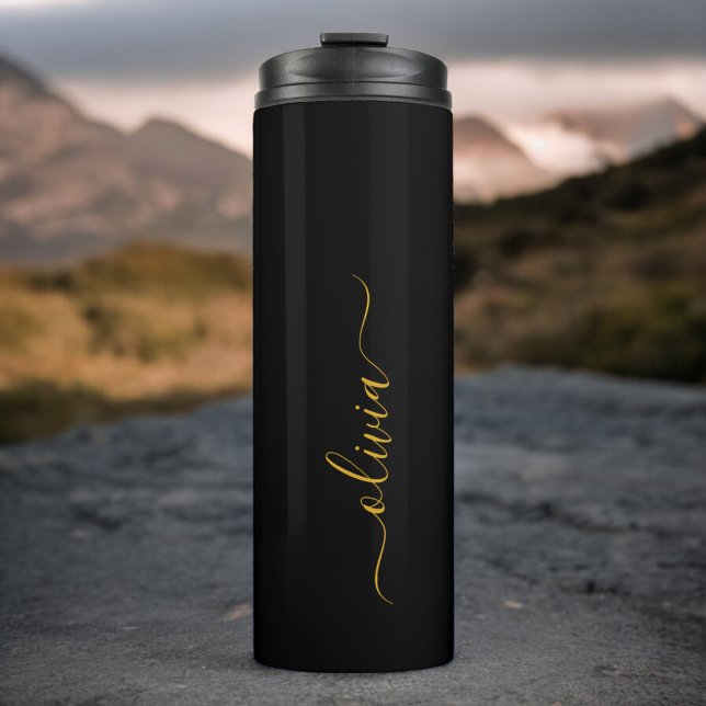 Black Gold Modern Script Girly Monogram Name Thermal Tumbler (Creator Uploaded)