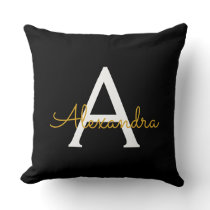 Black Gold Modern Script Girly Monogram Name Throw Pillow