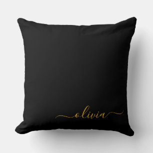 Black Gold Modern Script Girly Monogram Name Throw Pillow