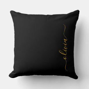 Black Gold Modern Script Girly Monogram Name Throw Pillow