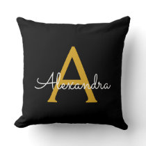 Black Gold Modern Script Girly Monogram Name Throw Pillow