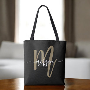 Black Gold Modern Script Girly Monogram Name Tote Bag