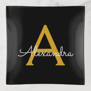Black Gold Modern Script Girly Monogram Name Trinket Tray