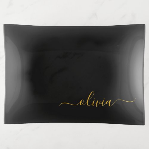 Black Gold Modern Script Girly Monogram Name Trinket Tray