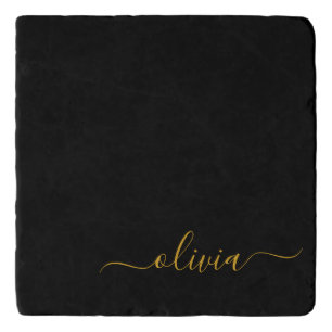 Black Gold Modern Script Girly Monogram Name Trivet