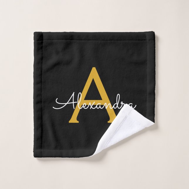 Black Gold Modern Script Girly Monogram Name Wash Cloth (Wash Cloth)