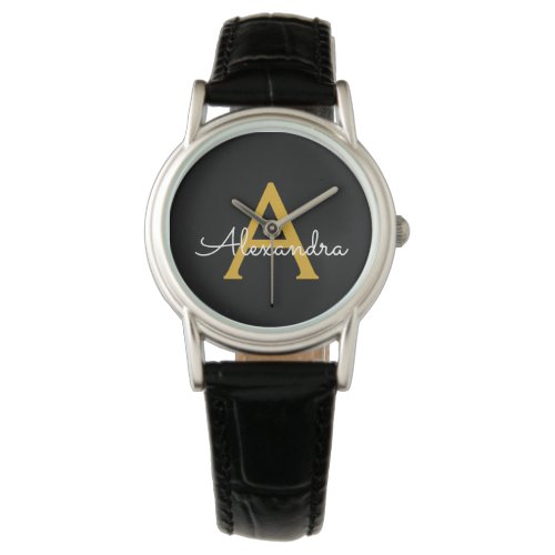 Black Gold Modern Script Girly Monogram Name Watch