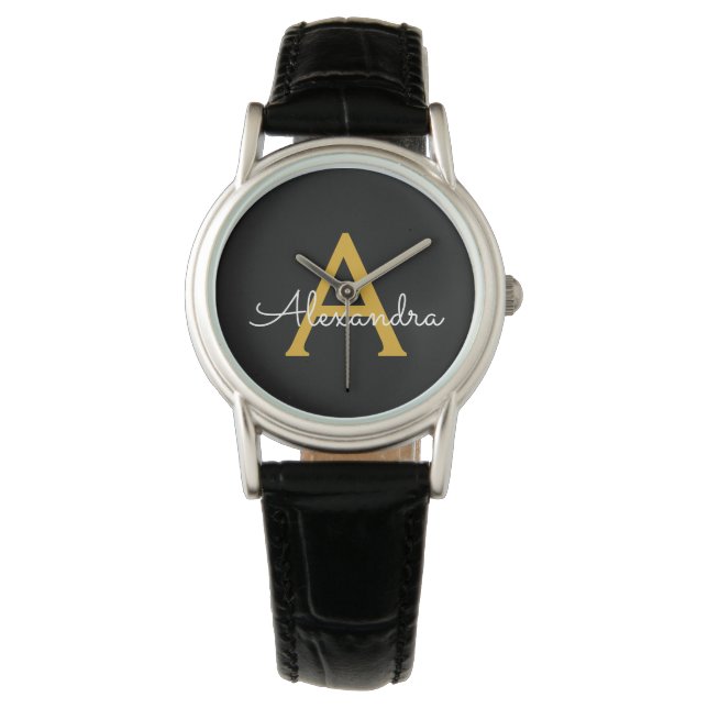 Black Gold Modern Script Girly Monogram Name Watch (Front)