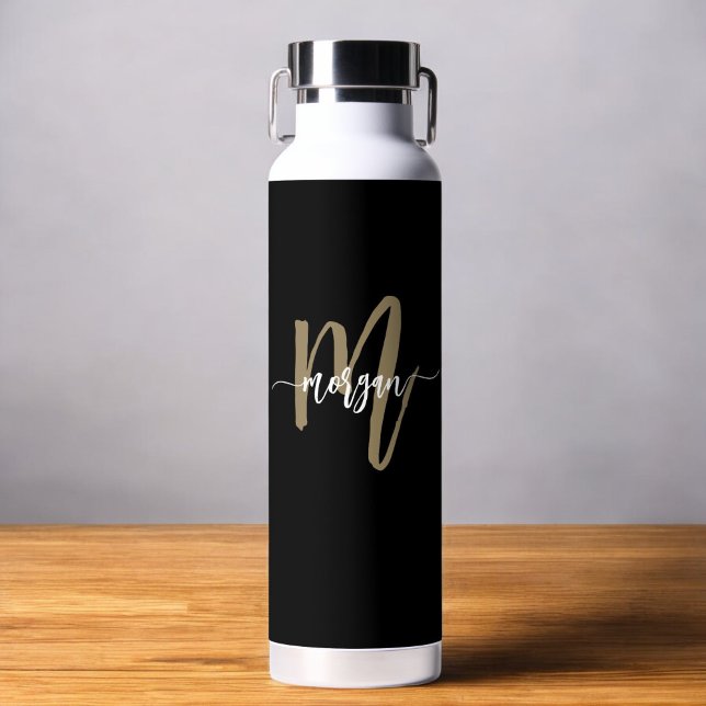 Black Gold Modern Script Girly Monogram Name Water Bottle (Creator Uploaded)