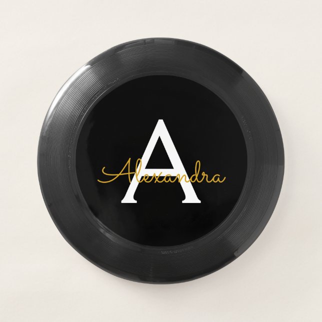 Black Gold Modern Script Girly Monogram Name Wham-O Frisbee (Front)