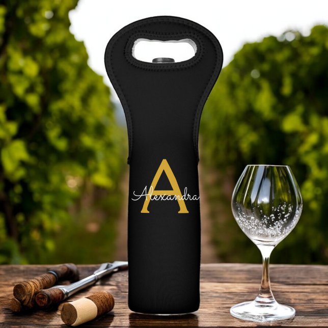 Black Gold Modern Script Girly Monogram Name Wine Bag (Creator Uploaded)