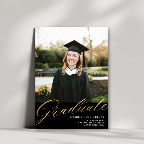 Black Gold Modern Script  Graduation Photo Announcement