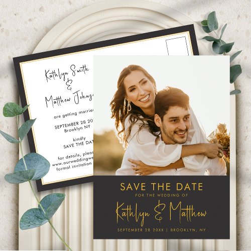 Black Gold Modern Script Minimalist Save the Date  Announcement Postcard