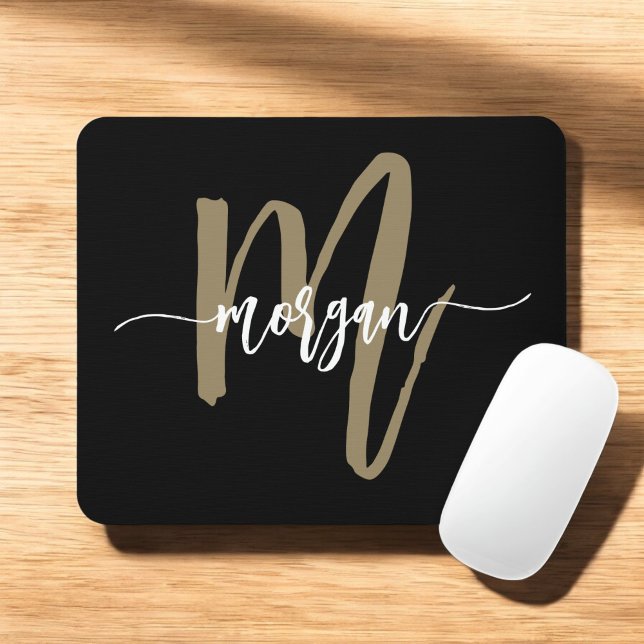 Black Gold Modern Script Monogram Name Mouse Pad (Creator Uploaded)