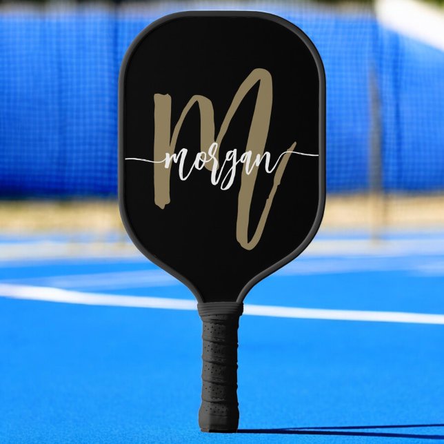 Black Gold Modern Script Monogram Name Pickleball Paddle (Creator Uploaded)