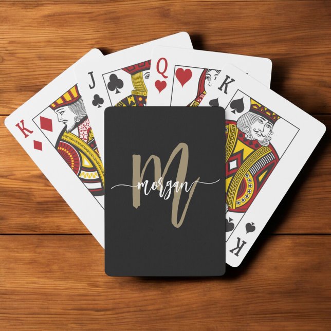 Black Gold Modern Script Monogram Name Poker Cards (Creator Uploaded)
