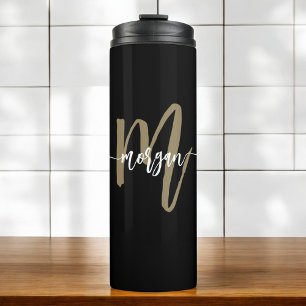 Black Gold Modern Script Monogram Name Thermal Tumbler