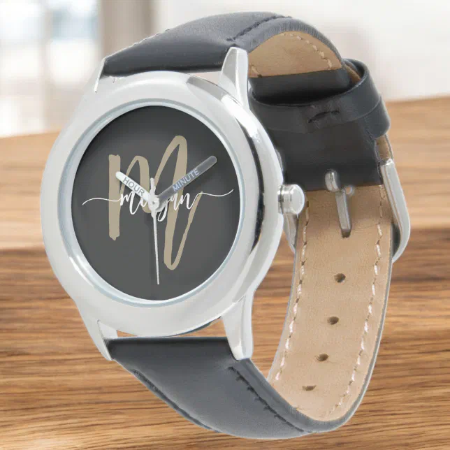 Black Gold Modern Script Monogram Name Watch | Zazzle