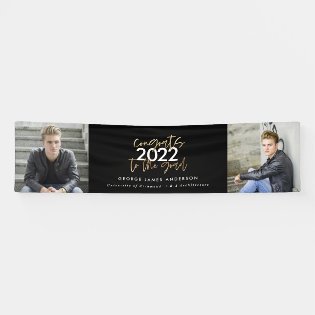 Black + gold modern script multi photo graduation  banner (Horizontal)