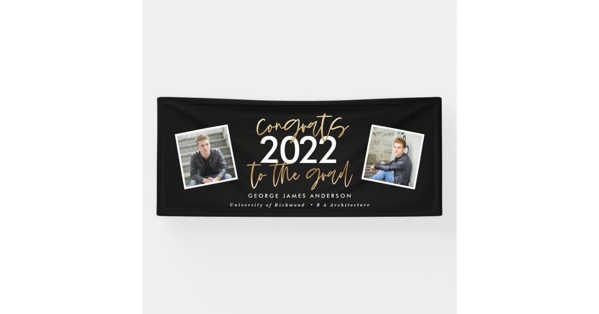 Black + gold modern script multi photo graduation banner | Zazzle