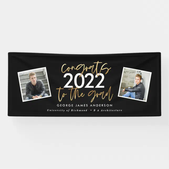 Black + gold modern script multi photo graduation banner | Zazzle