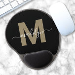 Black Gold Modern Script Name Monogram Gel Mouse Pad<br><div class="desc">Personalized Black and Gold Initial Monogram Mouse Pad. Add a clean and modern touch to your workspace with this custom mouse pad. Featuring a solid black background, a flat gold initial (just a color, with no shimmer or shine), and a white script name, this design gives off a bold and...</div>