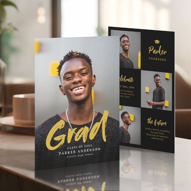 Black & Gold Modern Script Photo Graduation Invitation (Black & Gold Modern Script Photo Graduation Invitation)