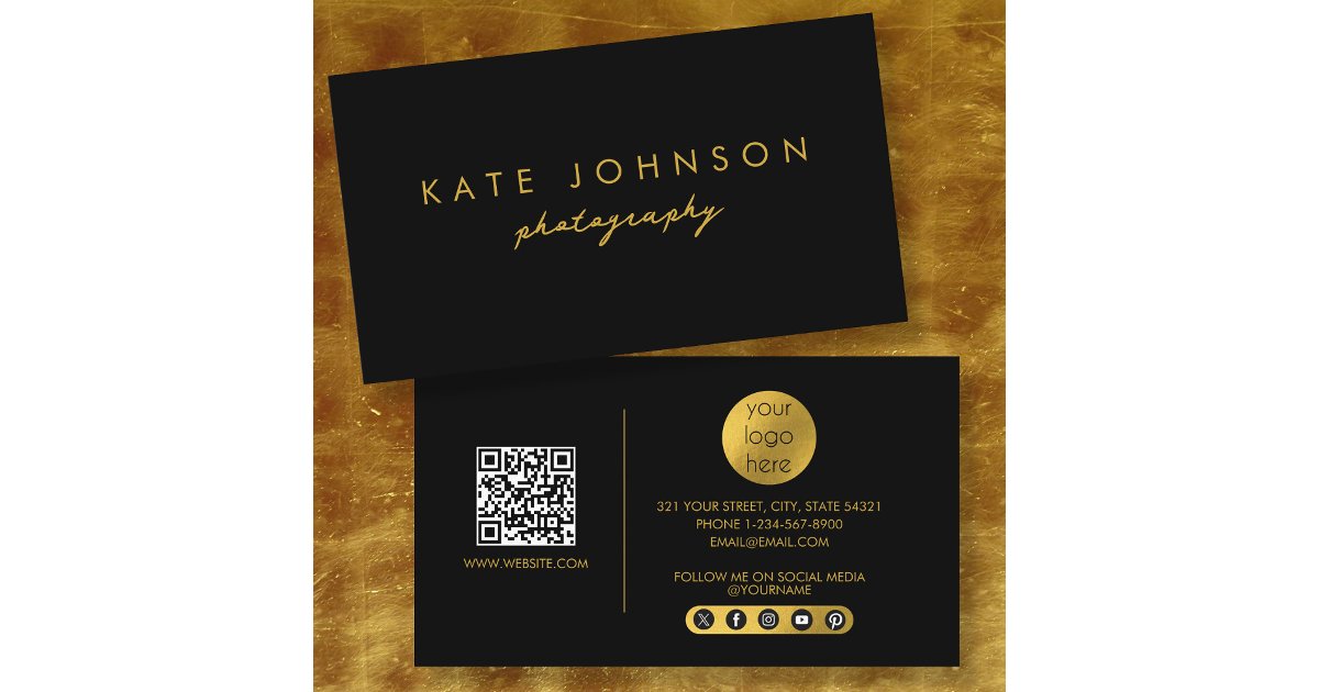 Black Gold Modern Script QR Code Social Media B Business Card | Zazzle
