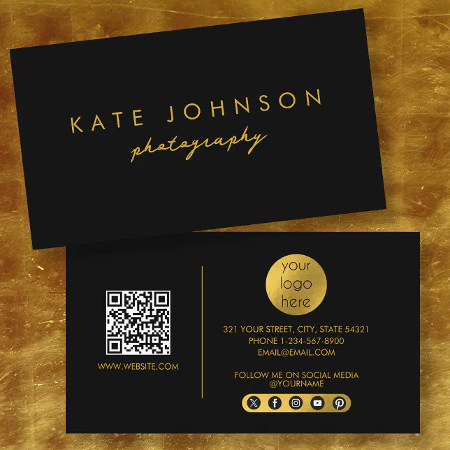 Black Gold Modern Script QR Code Social Media B Business Card | Zazzle