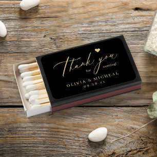 Black gold modern script simple thank you wedding matchboxes