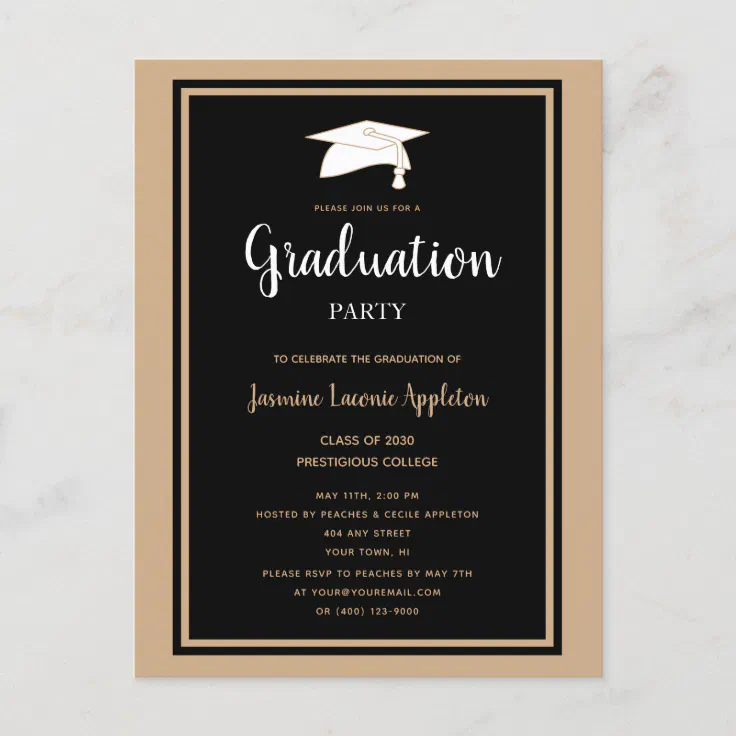 Black Gold Modern Simple Graduation Party Invitation Postcard | Zazzle