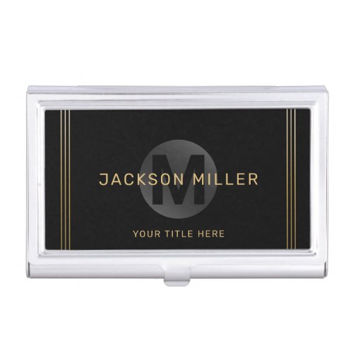 Black  gold modern simple personalized monogram business card case